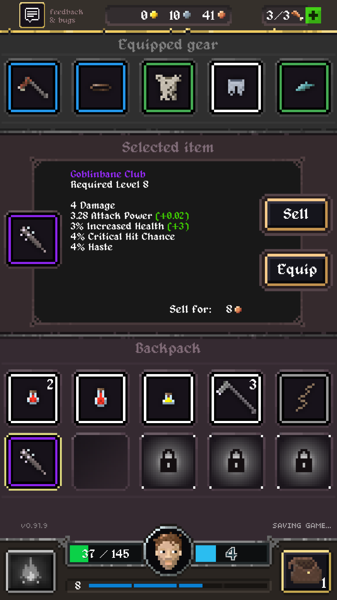 Screenshot of inventory from Legends Dawn: Goblins of Ruin